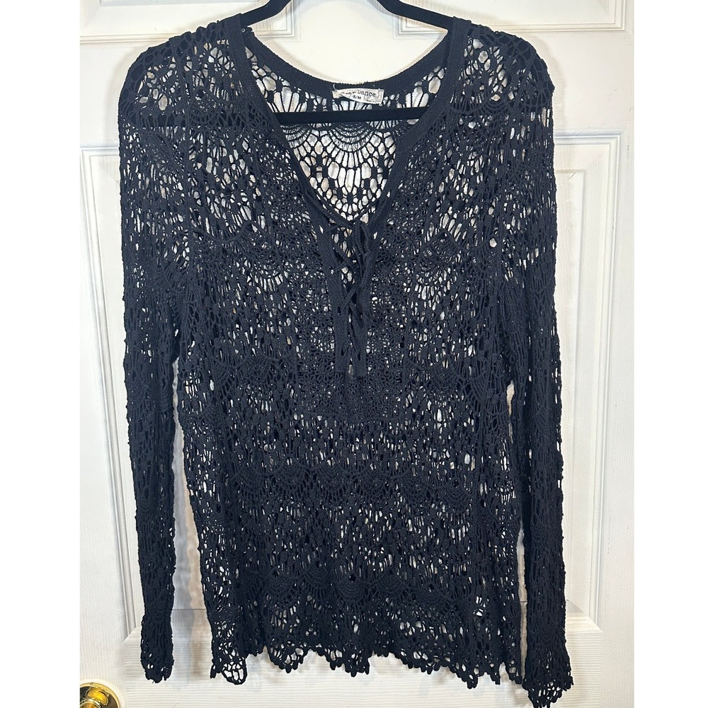 Black Crochet Lace Up V-Neck Long Sleeve Top Boho Sheer S/M Goth/Whimsygoth